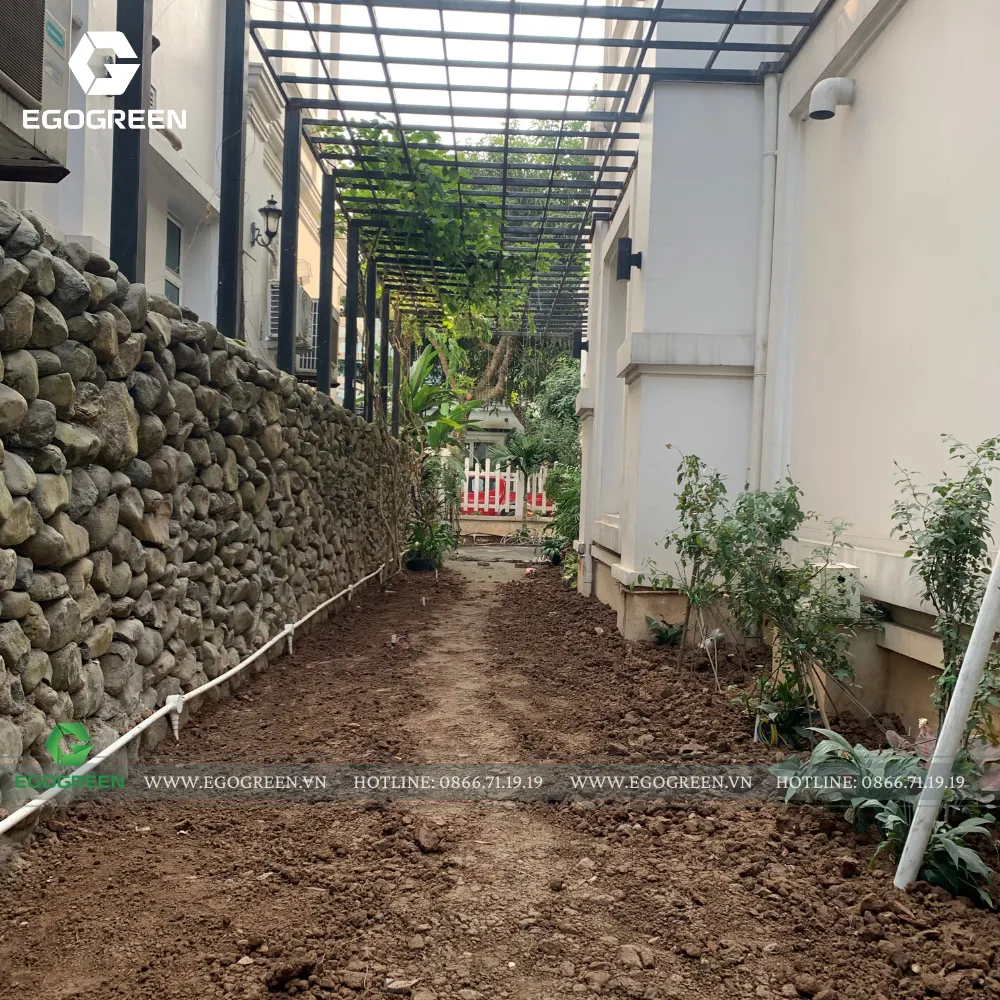 Tiến hành thi công các hạng mục như bể bơi, nền sân vườn, tiểu cảnh...